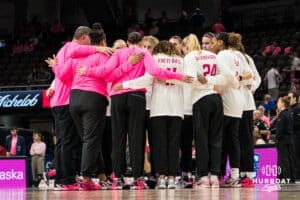 Creighton Bluejays huddle before a college basketball game against UCONN on Jan 11, 2026 in Omaha, Nebraska. Photo by Brandon Tiedemann