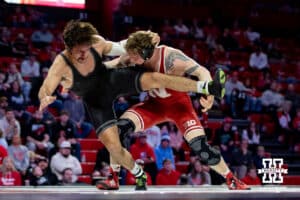 At 197: #12 Nebraska Cornhusker Camden McDanel takes down #23 Purdue Boilermaker Ben Vanadia, McDanel wins 7-1 during a college wrestling match on Friday, Jan. 9, 2026, in Lincoln, Nebraska. Photo by John S. Peterson.