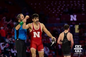At 184: #9 Nebraska Cornhusker Silas Allred celebrates the win over #25 Purdue Boilermaker James Rowley, Allred wins by decision 4-1 during a college wrestling match on Friday, Jan. 9, 2026, in Lincoln, Nebraska. Photo by John S. Peterson.