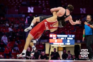 At 184: #9 Nebraska Cornhusker Silas Allred throws #25 Purdue Boilermaker James Rowley, Allred wins by decision 4-1 during a college wrestling match on Friday, Jan. 9, 2026, in Lincoln, Nebraska. Photo by John S. Peterson.