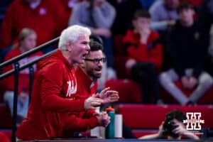 Nebraska Cornhusker head coach Mark Manning and assistant Bryan Schyder watches the action on the mat between #9 Silas Allred and Purdue Boilermaker James Rowley during a college wrestling match on Friday, Jan. 11, 2025, in Lincoln, Nebraska. Photo by John S. Peterson.