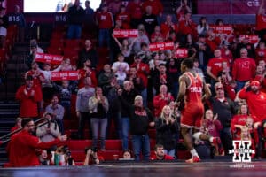 At 157: #5 Nebraska Cornhusker Antrell Taylor runs off the mat after pinning #19 Purdue Boilermaker Stoney Buell (P), Taylor pins Buell in 2:51 during a college wrestling match on Friday, Jan. 9, 2026, in Lincoln, Nebraska. Photo by John S. Peterson.