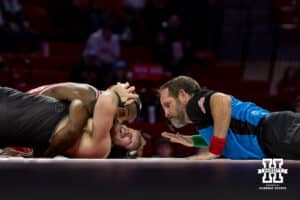 At 157: #5 Nebraska Cornhusker Antrell Taylor has #19 Purdue Boilermaker Stoney Buell (P) on his back about to pin him in 2:51 during a college wrestling match on Friday, Jan. 9, 2026, in Lincoln, Nebraska. Photo by John S. Peterson.