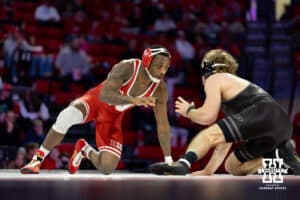 At 157: #5 Nebraska Cornhusker Antrell Taylor stands off against #19 Purdue Boilermaker Stoney Buell (P), Taylor pins Buell in 2:51 during a college wrestling match on Friday, Jan. 9, 2026, in Lincoln, Nebraska. Photo by John S. Peterson.