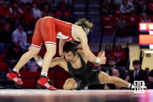 At 149: #11 Nebraska Cornhusker Chance Lamer defends against #21 Purdue Boilermakers Gavin Brown shooting for a leg, Lamer wins by major decision, 12-2 during a college wrestling match on Friday, Jan. 9, 2026, in Lincoln, Nebraska. Photo by John S. Peterson.