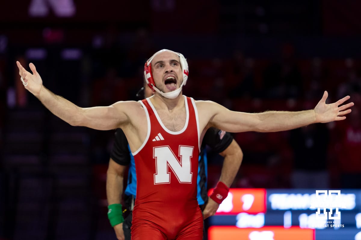 Nebraska Wrestling vs. Purdue | Hail Varsity At 141: #3 Nebraska Cornhusker Brock Hardy celebrates the pin against Purdue Boilermaker Vincent Paino in 3:54, during a college wrestling match on Friday, Jan. 9, 2026, in Lincoln, Nebraska. Photo by John S. Peterson.