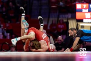 At 141: #3 Nebraska Cornhusker Brock Hardy pins Purdue Boilermaker Vincent Paino in 3:54, during a college wrestling match on Friday, Jan. 9, 2026, in Lincoln, Nebraska. Photo by John S. Peterson.