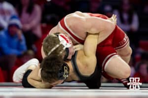 At 133: #8 Nebraska Cornhusker Jacob Van Dee works the arms against Blake Boarman, Van Dee wins by major decision 13-2 during a college wrestling match on Friday, Jan. 9, 2026, in Lincoln, Nebraska. Photo by John S. Peterson.