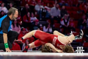 At 125: Nebraska Cornhusker Alan Koehler fights Purdue Boilermaker Ashton Jackson, Koekler wins by decision 9-3 during a college wrestling match on Friday, Jan. 9, 2026, in Lincoln, Nebraska. Photo by John S. Peterson.
