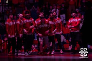 At 125: Nebraska Cornhusker Alan Koehler introduced to fight Purdue Boilermaker Ashton Jackson, Koekler wins by decision 9-3 during a college wrestling match on Friday, Jan. 9, 2026, in Lincoln, Nebraska. Photo by John S. Peterson.
