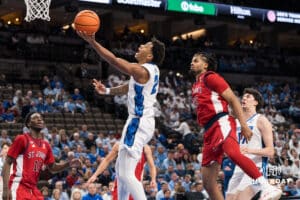 Creighton Bluejay Blake Harper (2) shoots a lay up during a college basketball game against St. John’s on Jan 10, 2026 in Omaha, Nebraska. Photo by Brandon Tiedemann