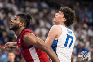Creighton Bluejay Kerem Konan (17) looks to get a rebound over Zuby Ejiofor (24) during a college basketball game against St. John’s on Jan 10, 2026 in Omaha, Nebraska. Photo by Brandon Tiedemann