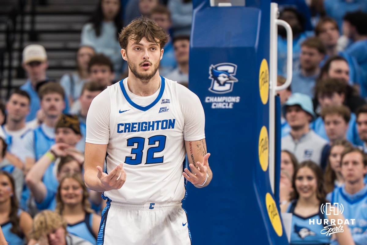 Creighton Bluejay Owen Freeman (32) stands confused after a foul called on him during a college basketball game against St. John’s on Jan 10, 2026 in Omaha, Nebraska. Photo by Brandon Tiedemann