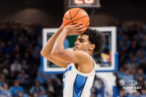 Creighton Bluejay Nik Graves (5) shoots a three pointer during a college basketball game against St. John’s on Jan 10, 2026 in Omaha, Nebraska. Photo by Brandon Tiedemann