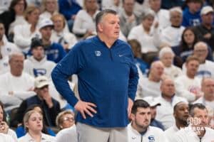 Creighton Bluejay head coach Greg McDermott stands on the sideline during a college basketball game against St. John’s on Jan 10, 2026 in Omaha, Nebraska. Photo by Brandon Tiedemann