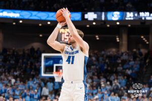 Creighton Bluejay Isaac Traudt (41) shoots a three pointer during a college basketball game against St. John’s on Jan 10, 2026 in Omaha, Nebraska. Photo by Brandon Tiedemann