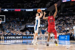 Creighton Bluejay Fedor Žugić (7) attempts a three pointer over Zuby Ejiofor (24) during a college basketball game against St. John’s on Jan 10, 2026 in Omaha, Nebraska. Photo by Brandon Tiedemann