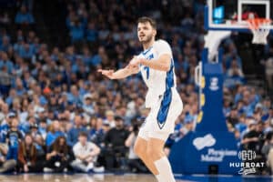 Creighton Bluejay Fedor Žugić (7) celebrates a three pointer during a college basketball game against St. John’s on Jan 10, 2026 in Omaha, Nebraska. Photo by Brandon Tiedemann