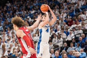 Creighton Bluejay Isaac Traudt (41) shoots a three pointer during a college basketball game against St. John’s on Jan 10, 2026 in Omaha, Nebraska. Photo by Brandon Tiedemann