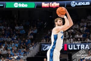 Creighton Bluejay Isaac Traudt (41) shoots a three pointer during a college basketball game against St. John’s on Jan 10, 2026 in Omaha, Nebraska. Photo by Brandon Tiedemann