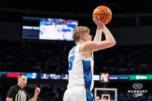 Creighton Bluejay Ty Davis (9) attempts a three pointer during a college basketball game against St. John’s on Jan 10, 2026 in Omaha, Nebraska. Photo by Brandon Tiedemann