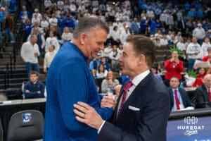Creighton Bluejay head coach Greg McDermott and St. John’s Rick Pitino talk before a college basketball game on Jan 10, 2026 in Omaha, Nebraska. Photo by Brandon Tiedemann