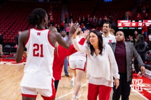 Nebraska Cornhusker head coach Amy Williams gives a high five to forward Eliza Maupin (21) after the win over the Indiana Hoosiers during a college women’s basketball game on Thursday, Jan. 8, 2026, in Lincoln, Nebraska. Photo by John S. Peterson.