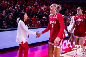 Nebraska Cornhusker head coach Amy Williams shakes hands with Indiana Hoosier forward Maya Makalusky (3) after the win during a college women’s basketball game on Thursday, Jan. 8, 2026, in Lincoln, Nebraska. Photo by John S. Peterson.