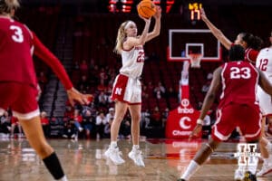 Nebraska Cornhusker guard Britt Prince (23) makes a three point shot against the Indiana Hoosiers making it 700 career points during a college women’s basketball game on Thursday, Jan. 8, 2026, in Lincoln, Nebraska. Photo by John S. Peterson.