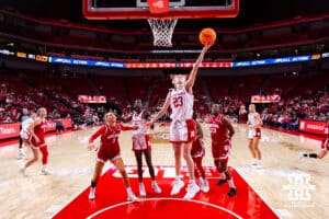 Nebraska Cornhusker guard Britt Prince (23) makes a lay up against the Indiana Hoosiers during a college women’s basketball game on Thursday, Jan. 8, 2026, in Lincoln, Nebraska. Photo by John S. Peterson.