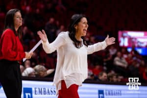 Nebraska Cornhusker head coach Amy Williams reacts to the play on the court against the Indiana Hoosiers during a college women’s basketball game on Thursday, Jan. 8, 2026, in Lincoln, Nebraska. Photo by John S. Peterson.