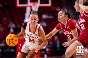 Nebraska Cornhusker guard Callin Hake (14) dribbles the ball against Indiana Hoosier guard Nevaeh Caffey (2) during a college women’s basketball game on Thursday, Jan. 8, 2026, in Lincoln, Nebraska. Photo by John S. Peterson.