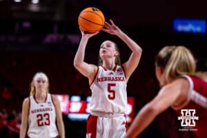 Nebraska Cornhusker guard Claire Johnson (5) makes a free throw against the Indiana Hoosiers during a college women’s basketball game on Thursday, Jan. 8, 2026, in Lincoln, Nebraska. Photo by John S. Peterson.