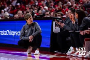 Indiana Hoosier head coach Teri Moren talks to her assistant coach against the Nebraska Cornhuskers during a college women’s basketball game on Thursday, Jan. 8, 2026, in Lincoln, Nebraska. Photo by John S. Peterson.