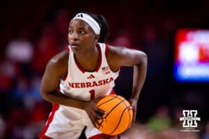 Nebraska Cornhusker guard Hailey Weaver (1) ready to make a move against the Indiana Hoosiers during a college women’s basketball game on Thursday, Jan. 8, 2026, in Lincoln, Nebraska. Photo by John S. Peterson.