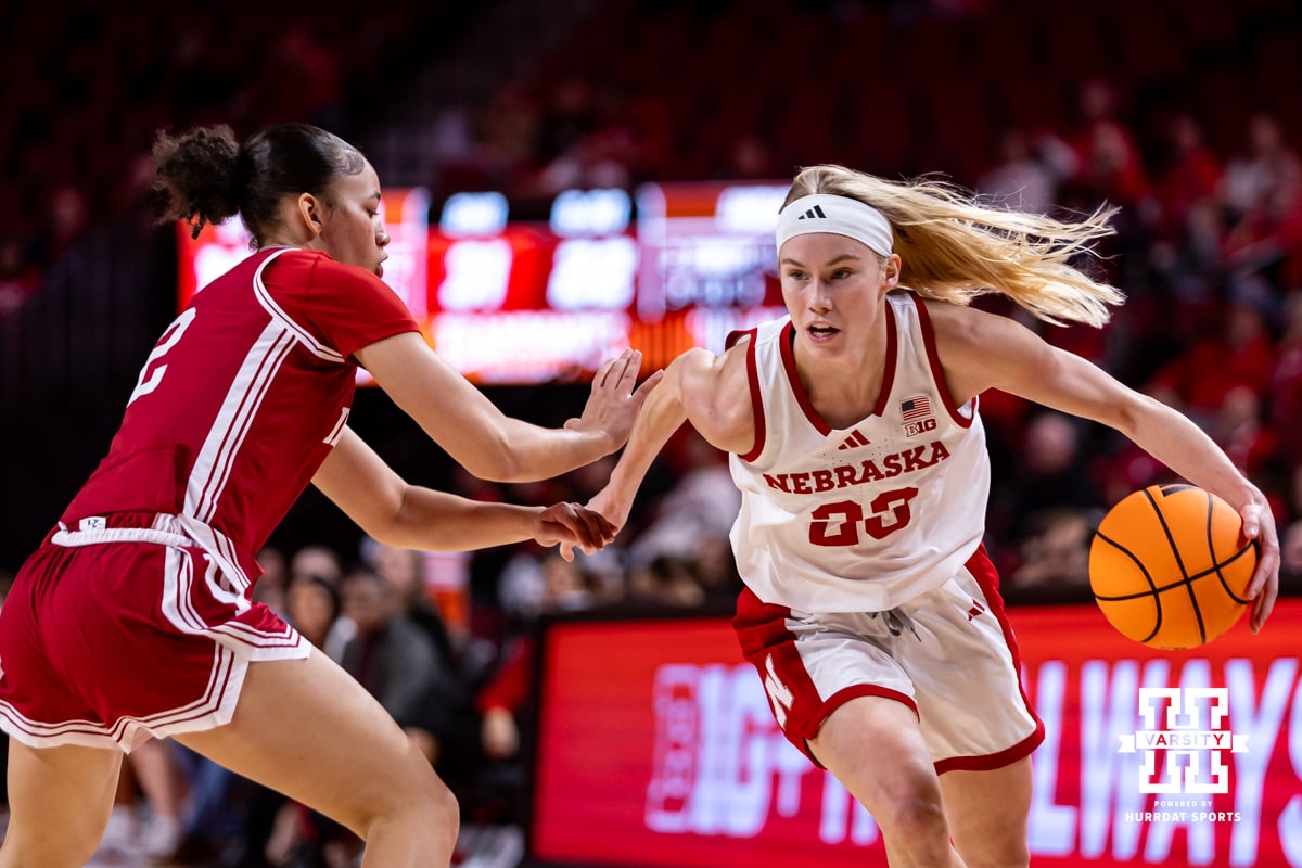Nebraska Cornhusker guard Britt Prince (23) drives to the basket against Indiana Hoosier guard Nevaeh Caffey (2) during a college women’s basketball game on Thursday, Jan. 8, 2026, in Lincoln, Nebraska. Photo by John S. Peterson.