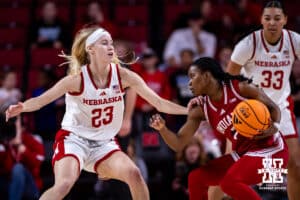 Nebraska Cornhusker guard Britt Prince (23) defends against Indiana Hoosier guard Jerni Kiaku (7) during a college women’s basketball game on Thursday, Jan. 8, 2026, in Lincoln, Nebraska. Photo by John S. Peterson.