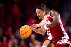 Nebraska Cornhusker guard Kennadi Williams (15) dribble the ball against the Indiana Hoosiers during a college women’s basketball game on Thursday, Jan. 8, 2026, in Lincoln, Nebraska. Photo by John S. Peterson.