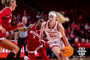 Nebraska Cornhusker guard Britt Prince (23) drives the lane against the Indiana Hoosiers during a college women’s basketball game on Thursday, Jan. 8, 2026, in Lincoln, Nebraska. Photo by John S. Peterson.