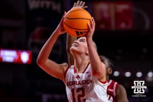 Nebraska Cornhusker forward Jessica Petrie (12) makes a layup against the Indiana Hoosiers during a college women’s basketball game on Thursday, Jan. 8, 2026, in Lincoln, Nebraska. Photo by John S. Peterson.
