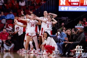 Nebraska Cornhuskers bench mob celebrates a three point shot against the Indiana Hoosiers during a college women’s basketball game on Thursday, Jan. 8, 2026, in Lincoln, Nebraska. Photo by John S. Peterson.