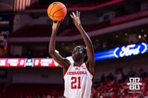 Nebraska Cornhusker forward Eliza Maupin (21) makes a three poknt shot against the Indiana Hoosiers during a college women’s basketball game on Thursday, Jan. 8, 2026, in Lincoln, Nebraska. Photo by John S. Peterson.
