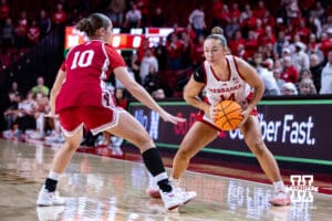 Nebraska Cornhusker guard Callin Hake (14) ready to make a move against Indiana Hoosier guard Shay Ciezki (10) during a college women’s basketball game on Thursday, Jan. 8, 2026, in Lincoln, Nebraska. Photo by John S. Peterson.