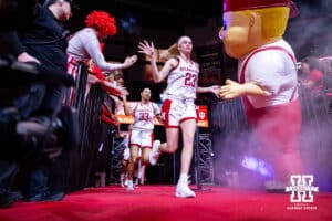 Nebraska Cornhusker guard Britt Prince (23) runs out to the court to take on the Indiana Hoosiers during a college women’s basketball game on Thursday, Jan. 8, 2026, in Lincoln, Nebraska. Photo by John S. Peterson.