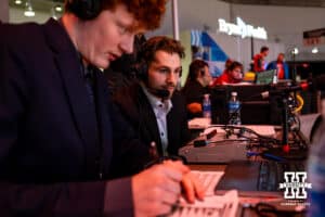 Nebraska basketball player Sam Hoiberg, right, makes his broadcasting debut on KRNU during a college women’s basketball game between the Nebraska Cornhuskers and the Indiana Hoosierson Thursday, Jan. 8, 2026, in Lincoln, Nebraska. Photo by John S. Peterson.