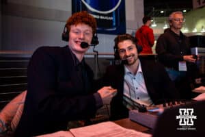 Nebraska basketball player Sam Hoiberg, right, makes his broadcasting debut on KRNU during a college women’s basketball game between the Nebraska Cornhuskers and the Indiana Hoosierson Thursday, Jan. 8, 2026, in Lincoln, Nebraska. Photo by John S. Peterson.