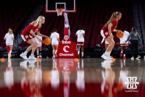 Nebraska Cornhusker guard Britt Prince (23) and guard Logan Nissley (2) doing dribbling drills warming up to take on the Indiana Hoosiers during a college women’s basketball game on Thursday, Jan. 8, 2026, in Lincoln, Nebraska. Photo by John S. Peterson.
