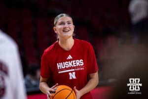 Nebraska Cornhusker forward Jessica Petrie (12)warming up to take on the Indiana Hoosiers during a college women’s basketball game on Thursday, Jan. 8, 2026, in Lincoln, Nebraska. Photo by John S. Peterson.