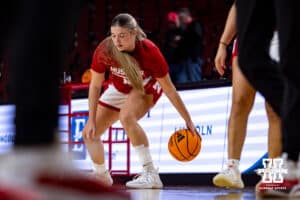 Nebraska Cornhusker guard Logan Nissley (2) dribbles the ball, warming up to take on the Indiana Hoosiers during a college women’s basketball game on Thursday, Jan. 8, 2026, in Lincoln, Nebraska. Photo by John S. Peterson.