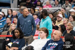 John Cook and Terence Bud Crawford talk during a professional volleyball match against the San Diego Mojo on Jan 8, 2026 in Omaha, Nebraska. Photo by Brandon Tiedemann